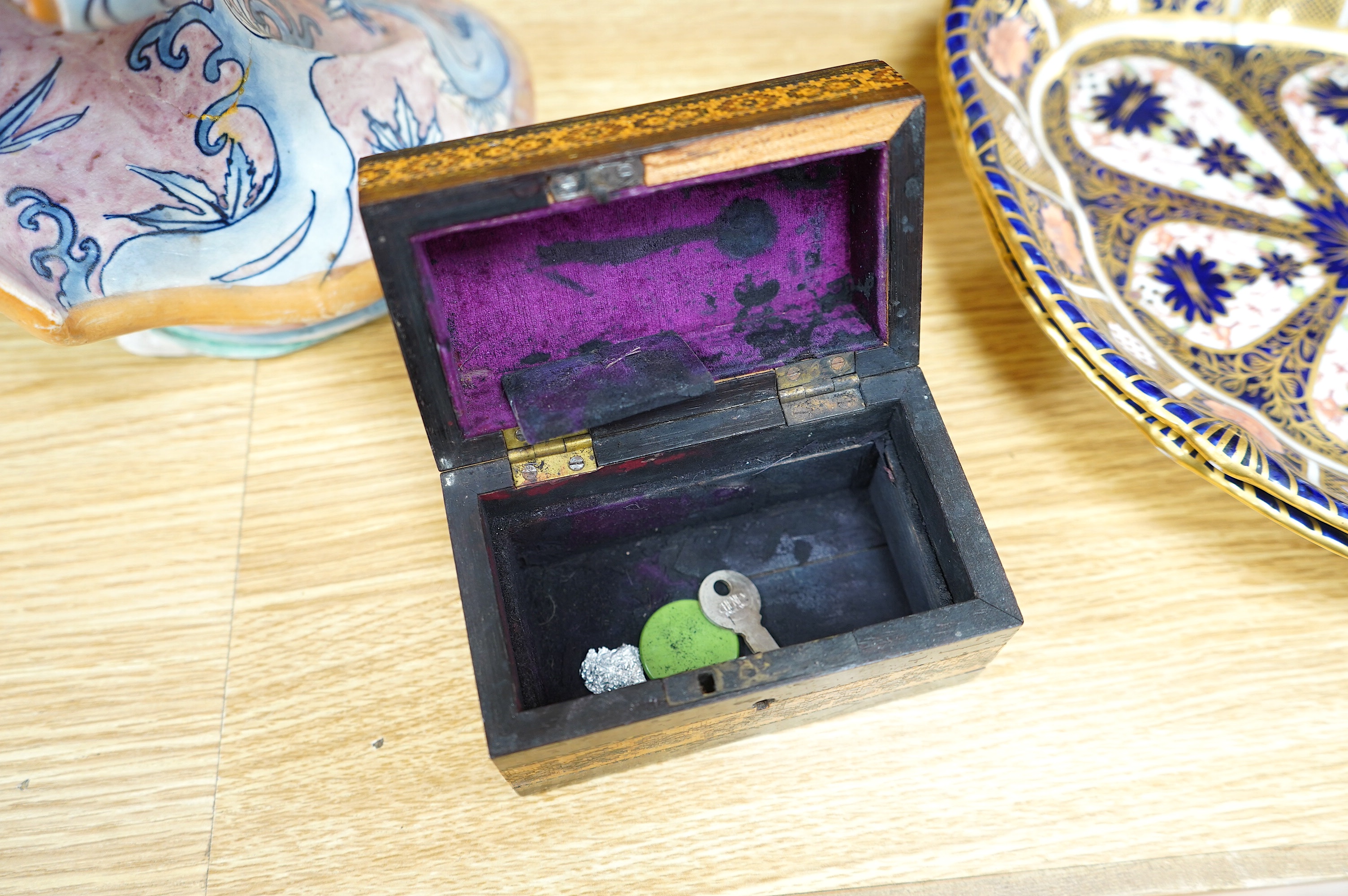 A Victorian Tunbridgeware dome-topped scent casket and a Tunbridgeware tea caddy, 23cm wide. Condition - fair